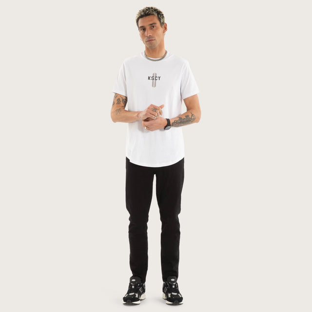 Model wears Grasp Dual Curved Tee White T-Shirts in White - Image 2