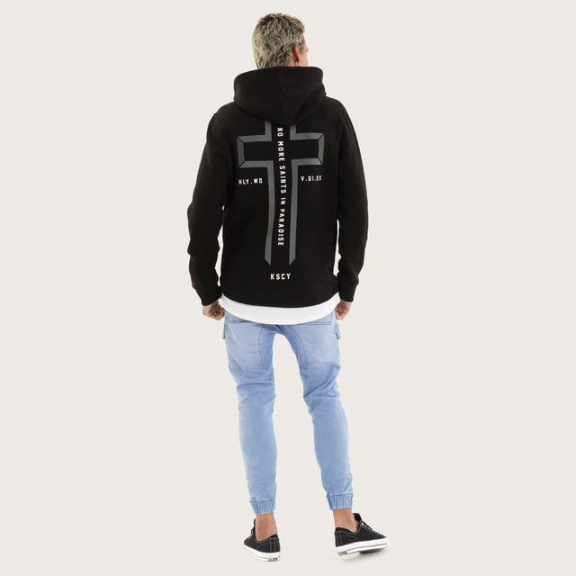 Model wears Beneath Layered Hoodie Jet Black Hoodies in Black - Image 4