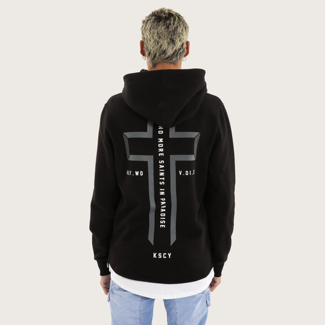 Model wears Beneath Layered Hoodie Jet Black Hoodies in Black - Image 1