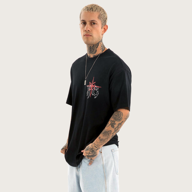 Model wears Coven Box Fit Tee in Jet Black T-Shirts in Black - Image 4