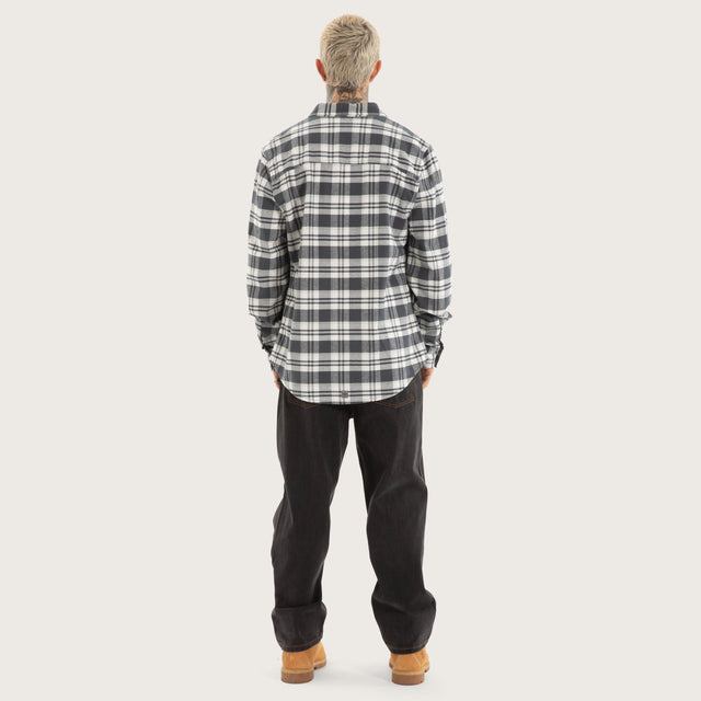 Model wears Horizons Longsleeve Shirt Grey Check Long Sleeve Shirts in Grey - Image 4