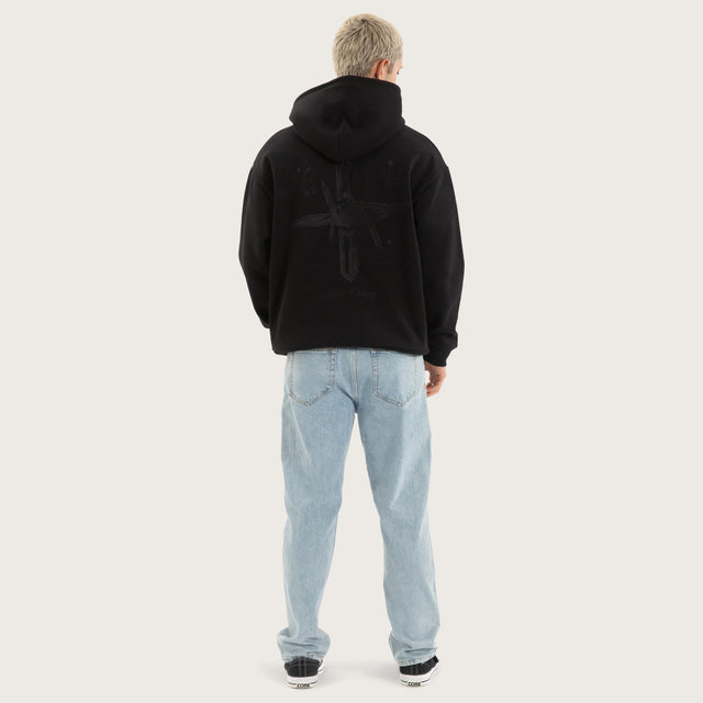 Model wears Chained Relaxed Hoodie Jet Black Hoodies in Black - Image 7