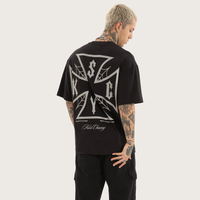 Model wears Exodus Street Tee Jet Black T-Shirts in Black - Image 6