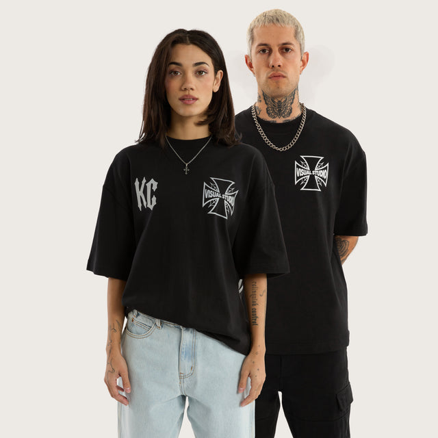 Model wears Exodus Street Tee Jet Black T-Shirts in Black - Image 2