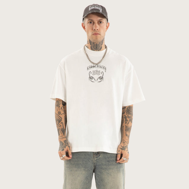 Model wears Sacrifice Street Tee Natural White T-Shirts in White - Image 2