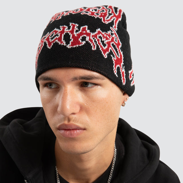 Model wears Razor Skully Beanie Jet Black Accessories in Black - Image 3