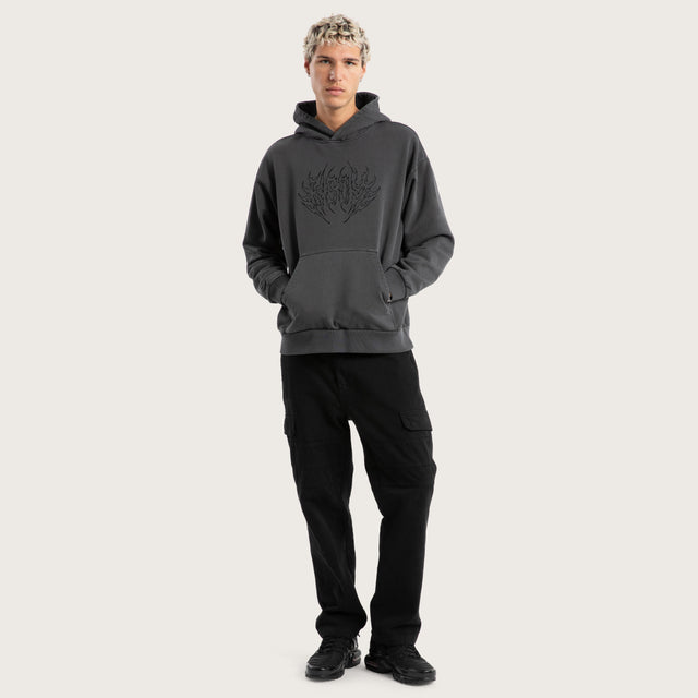 Model wears Descend Relaxed Hoodie Pigment Asphalt Hoodies in Grey - Image 2
