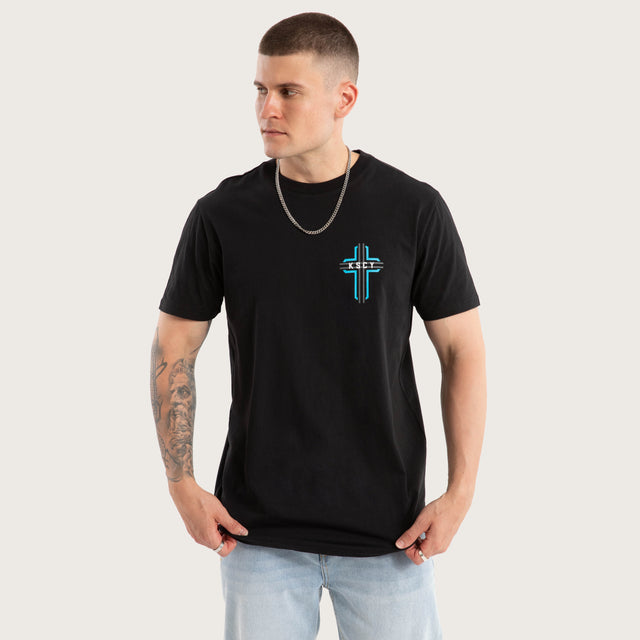 Model wears Zest Ride Dual Curved Tee Jet Black T-Shirts in Black - Image 4