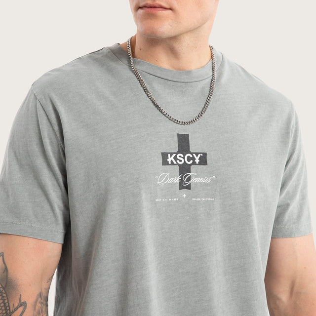 Model wears Resolved Dual Curved Tee Pigment Limestone T-Shirts in Grey - Image 5