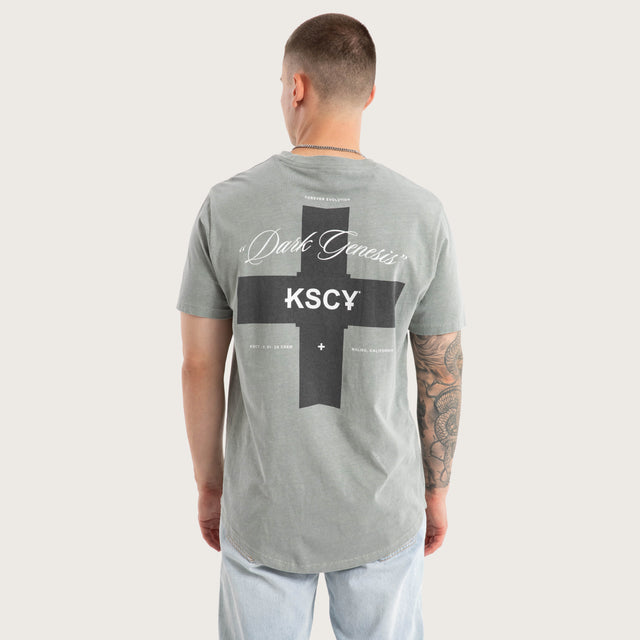 Model wears Resolved Dual Curved Tee Pigment Limestone T-Shirts in Grey - Image 1