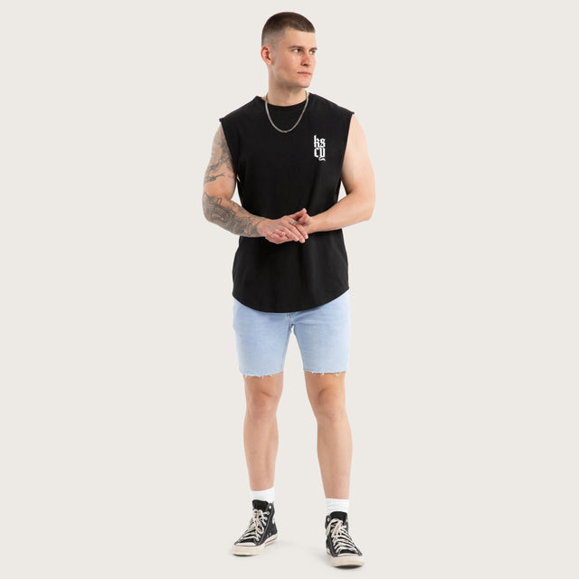 Model wears Thrillify Dual Curved Muscle Jet Black Muscle Tees in Black - Image 2
