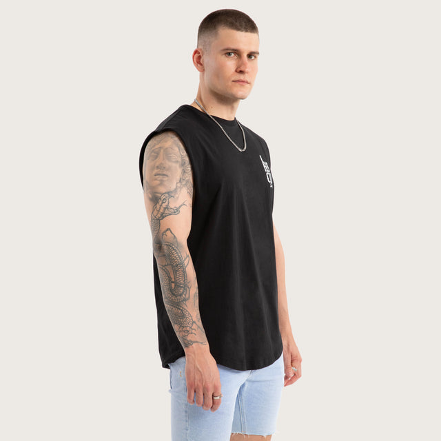 Model wears Thrillify Dual Curved Muscle Jet Black Muscle Tees in Black - Image 3