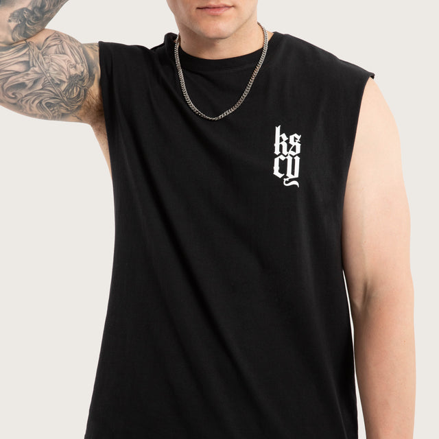 Model wears Thrillify Dual Curved Muscle Jet Black Muscle Tees in Black - Image 4