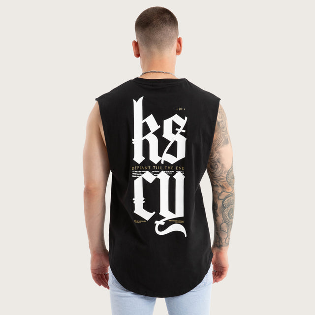 Model wears Thrillify Dual Curved Muscle Jet Black Muscle Tees in Black - Image 1