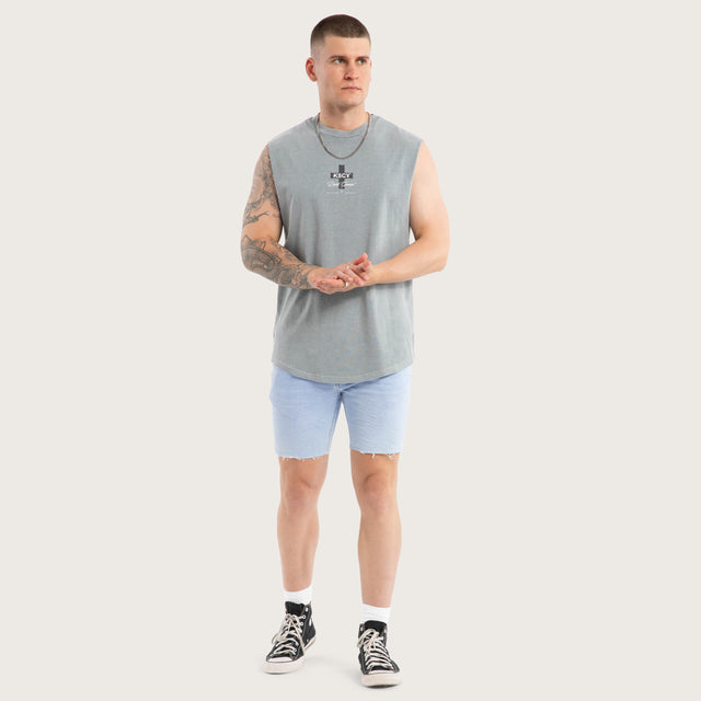 Model wears Rushify Dual Curved Muscle Pigment Ultimate Grey Muscle Tees in Grey - Image 2
