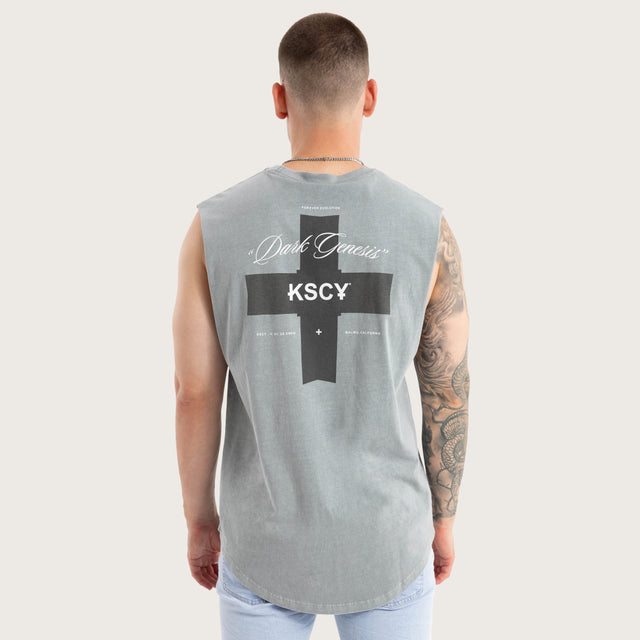 Model wears Rushify Dual Curved Muscle Pigment Ultimate Grey Muscle Tees in Grey - Image 1