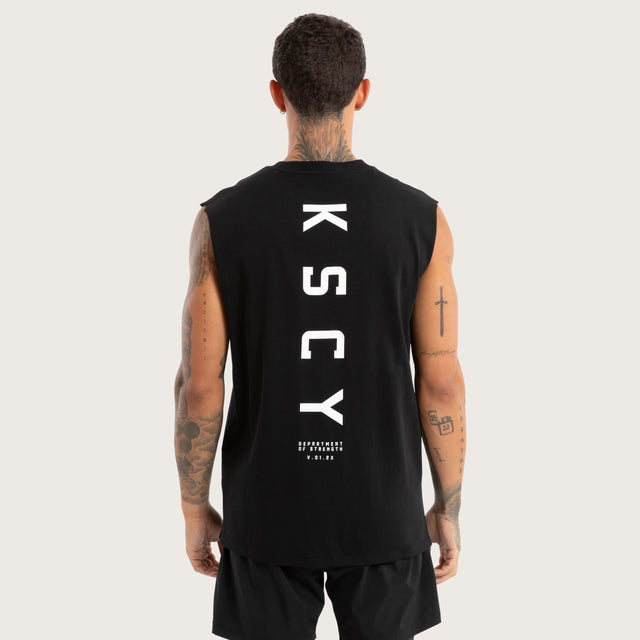 Model wears Vigor Split Hem Muscle Jet Black Muscle Tees in Black - Image 4