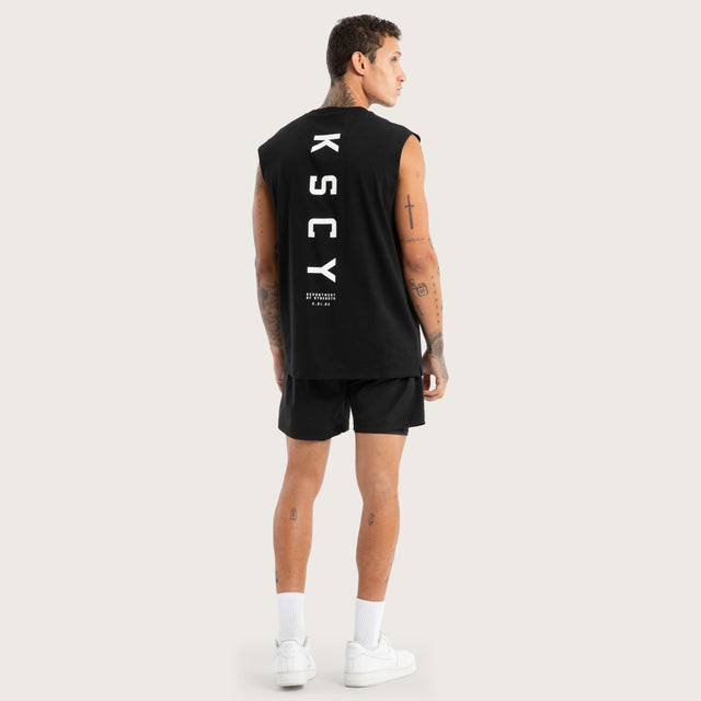 Model wears Vigor Split Hem Muscle Jet Black Muscle Tees in Black - Image 2
