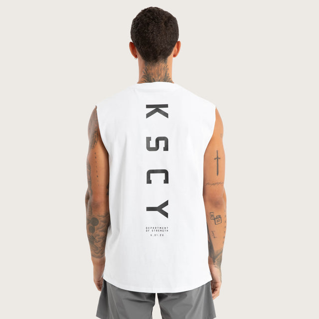 Model wears Vigor Split Hem Muscle Optical White Muscle Tees in White - Image 4