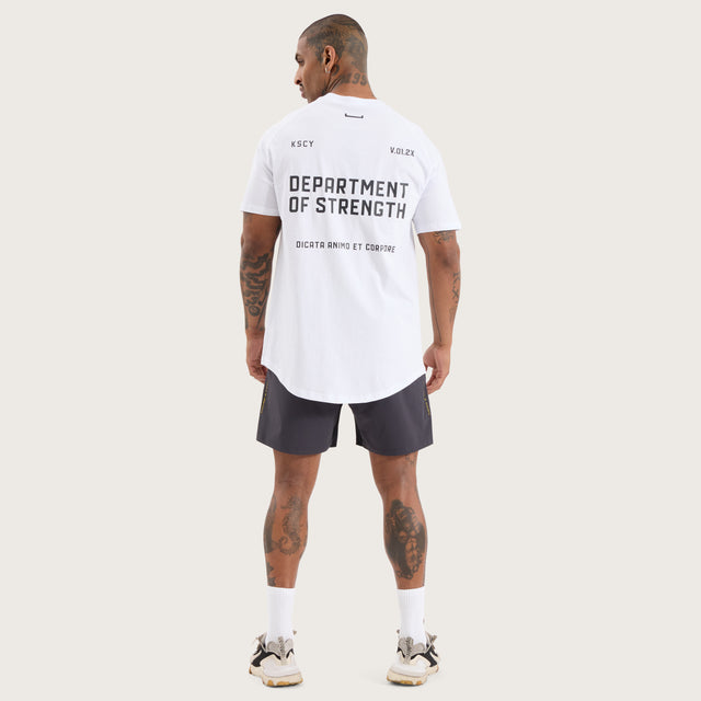 Model wears Venture Raglan Dual Curved Tee Optical White T-Shirts in White - Image 4