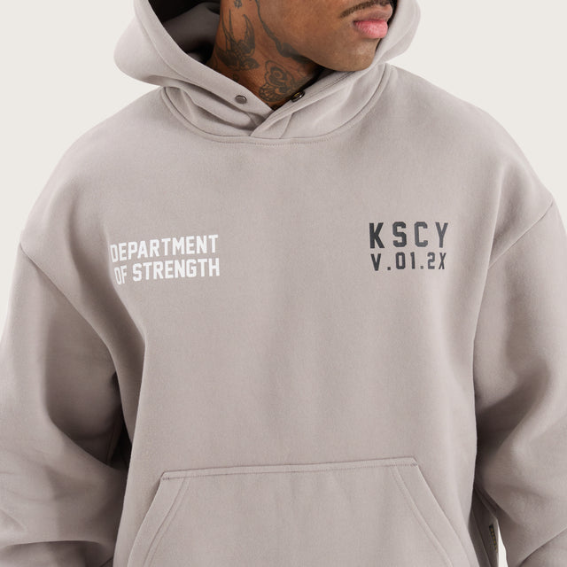 Model wears Force Relaxed Hoodie Alloy Hoodies in Grey - Image 5