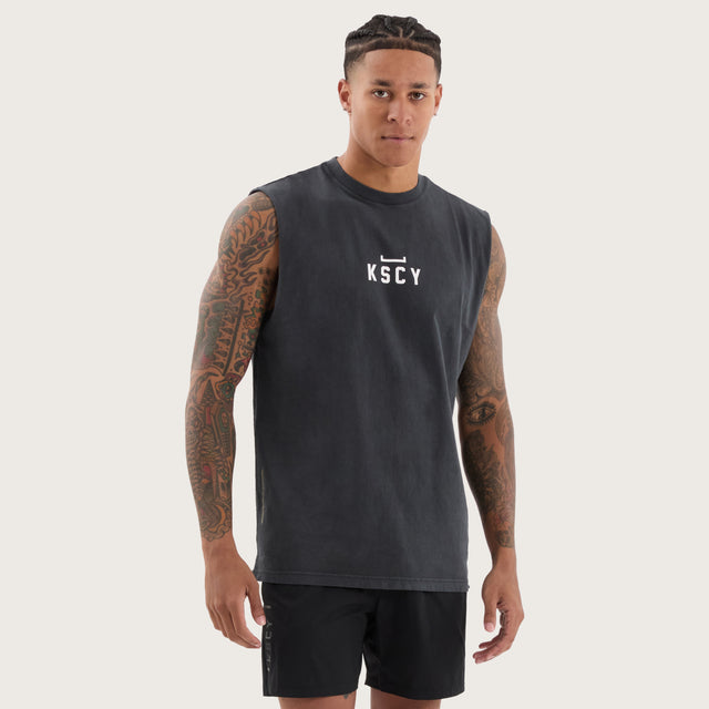 Model wears Salute Split Hem Muscle Pigment Black Muscle Tees in Black - Image 2