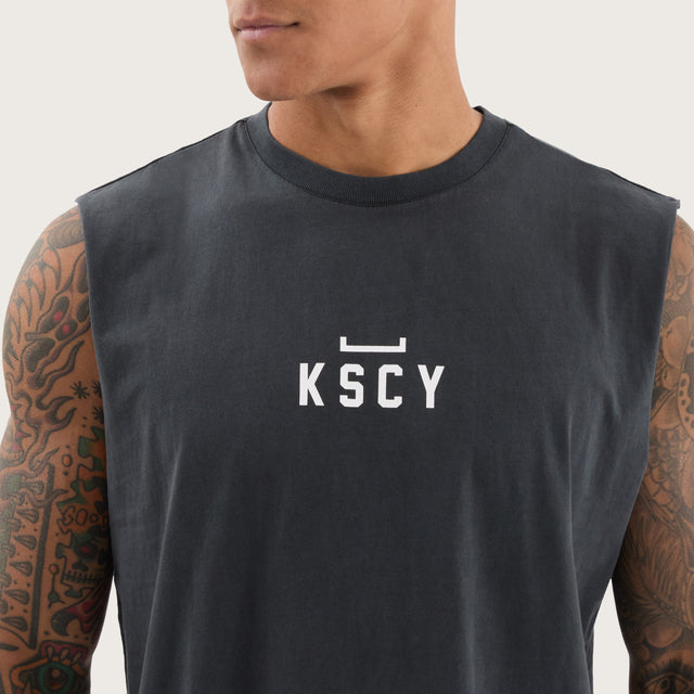 Model wears Salute Split Hem Muscle Pigment Black Muscle Tees in Black - Image 3