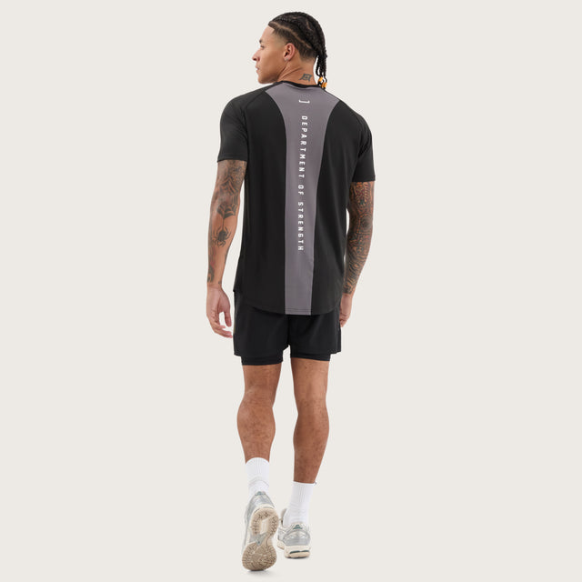 Model wears Fortify Raglan Dual Curved Active Tee Black/Asphalt T-Shirts in Black - Image 5