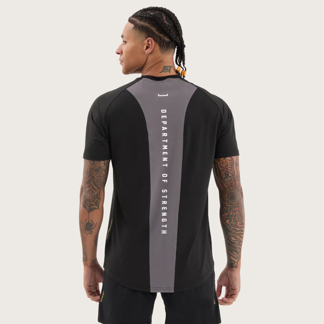 Model wears Fortify Raglan Dual Curved Active Tee Black/Asphalt T-Shirts in Black - Image 1