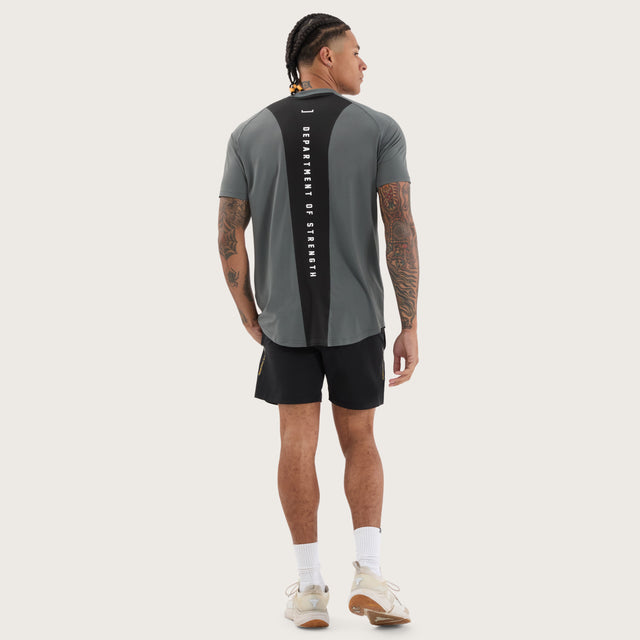 Model wears Fortify Raglan Dual Curved Active Tee Shadow/Jet Black T-Shirts in Grey - Image 4