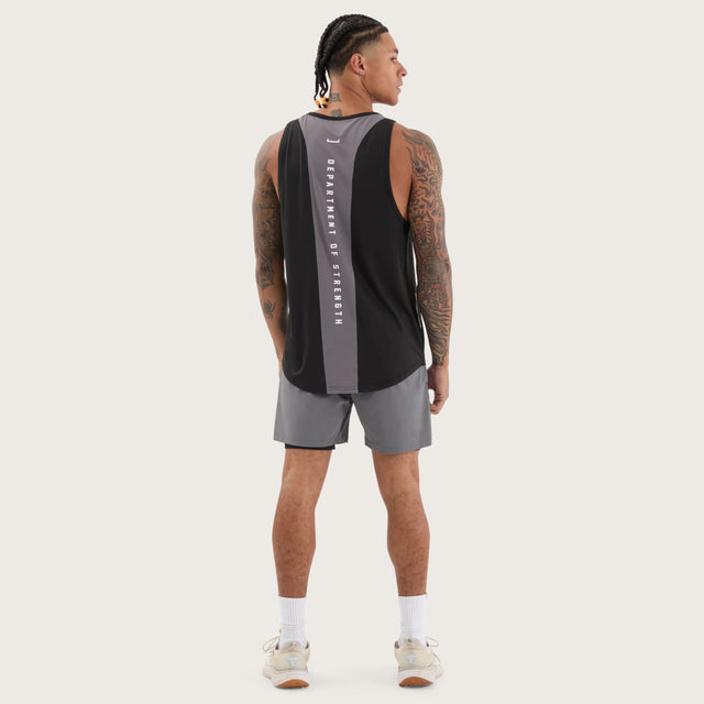Model wears Bolster Curved Hem Active Tank Black/Asphalt Muscle Tees in Black - Image 7