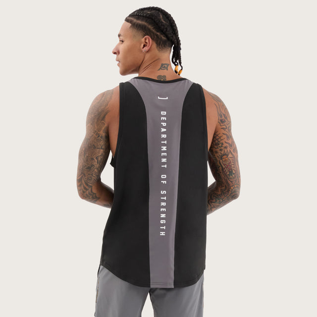 Model wears Bolster Curved Hem Active Tank Black/Asphalt Muscle Tees in Black - Image 2