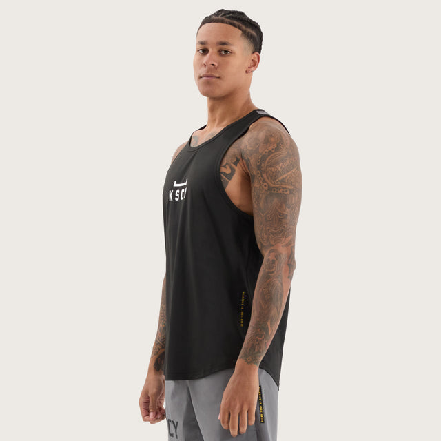 Model wears Bolster Curved Hem Active Tank Black/Asphalt Muscle Tees in Black - Image 4