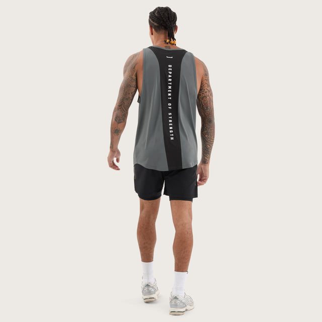 Model wears Bolster Curved Hem Active Tank Shadow/Jet Black Muscle Tees in Grey - Image 5