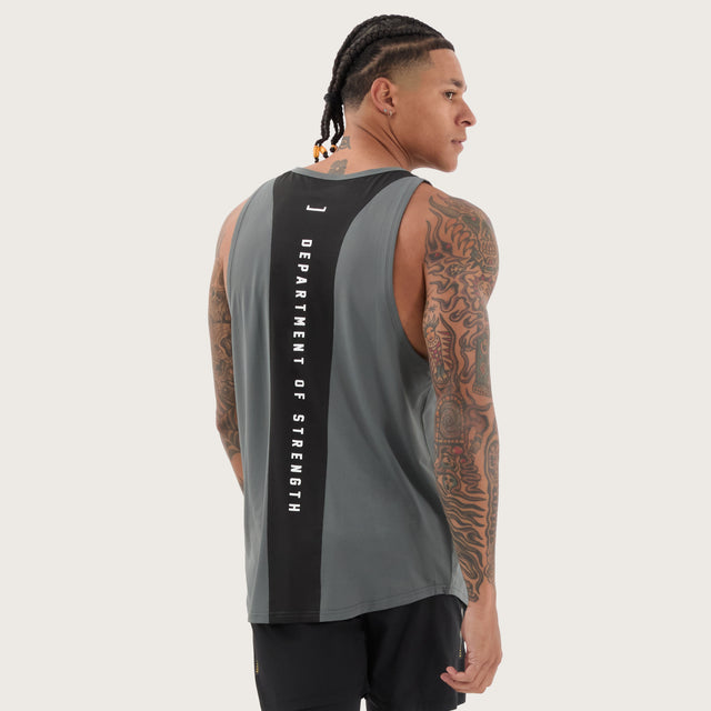 Model wears Bolster Curved Hem Active Tank Shadow/Jet Black Muscle Tees in Grey - Image 2