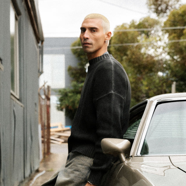 Model wears Pershore Knit Jumper Oil Wash Black Jumpers in Black - Image 2