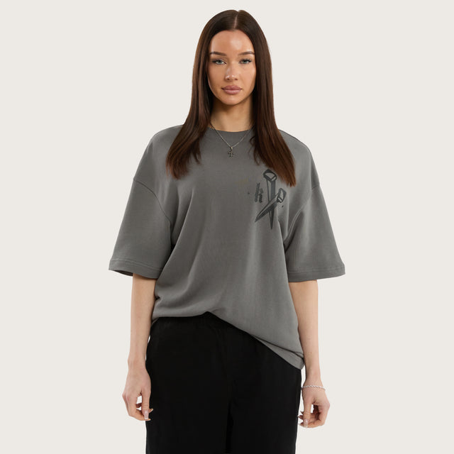 Model wears Nailed Loopback Street Tee Charcoal Grey T-Shirts in Grey - Image 5