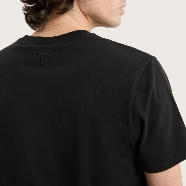 Model wears Prairie Dual Curved Tee Jet Black T-Shirts in Black - Image 3