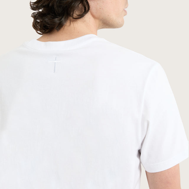 Model wears Prairie Dual Curved Tee Optical White T-Shirts in White - Image 3