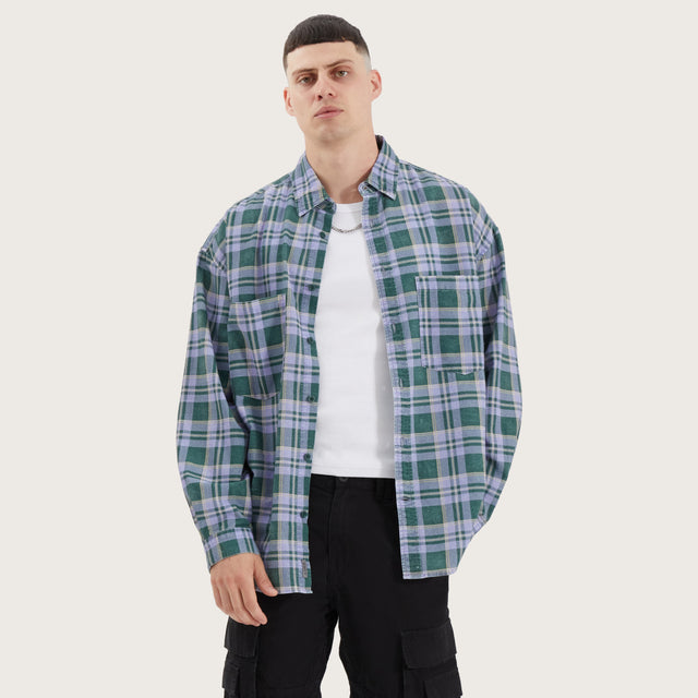 Model wears Craigton Drop Shoulder Shirt Moss Green Check Long Sleeve Shirts in Green - Image 1