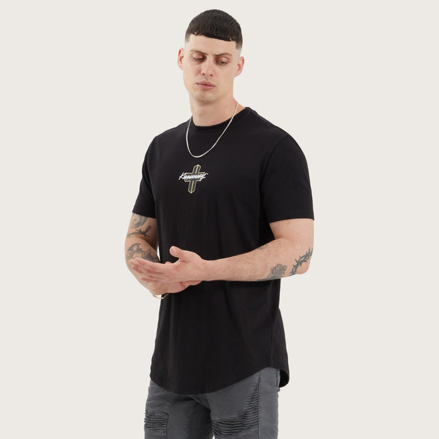 Model wears Prudheo Dual Curved Tee Jet Black T-Shirts in Black - Image 1