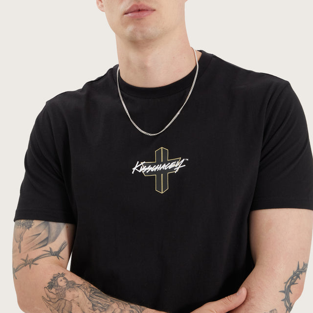Model wears Prudheo Dual Curved Tee Jet Black T-Shirts in Black - Image 3