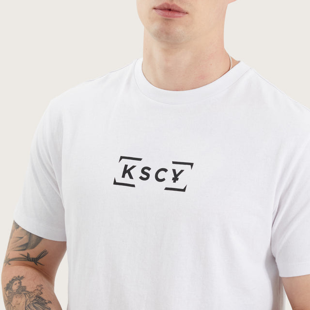Model wears Blyth Dual Curved Tee Optical White T-Shirts in White - Image 3