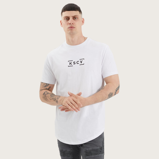 Model wears Blyth Dual Curved Tee Optical White T-Shirts in White - Image 1