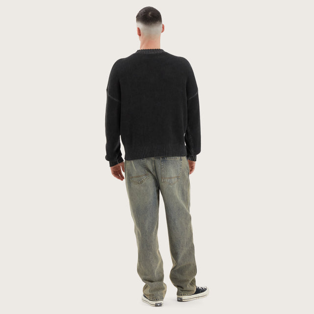 Model wears Pershore Knit Jumper Oil Wash Black Jumpers in Black - Image 5