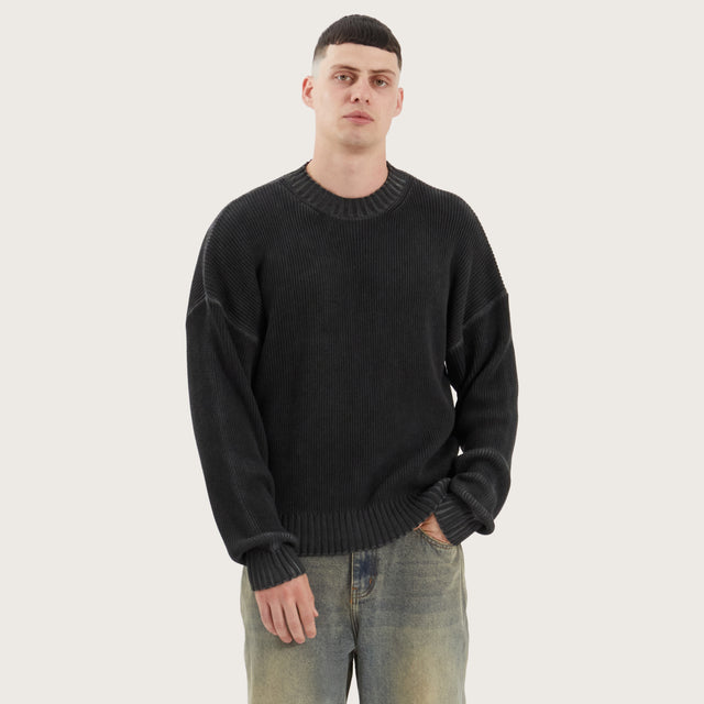 Model wears Pershore Knit Jumper Oil Wash Black Jumpers in Black - Image 1