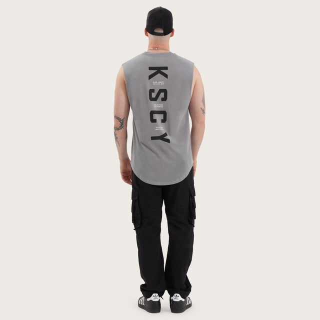 Model wears Orta Dual Curved Muscle Pigment Frost Grey Muscle Tees in Grey - Image 5