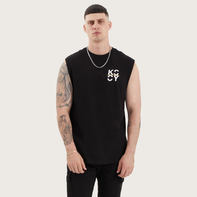 Model wears Tyrell Dual Curved Muscle Jet Black Muscle Tees in Black - Image 2