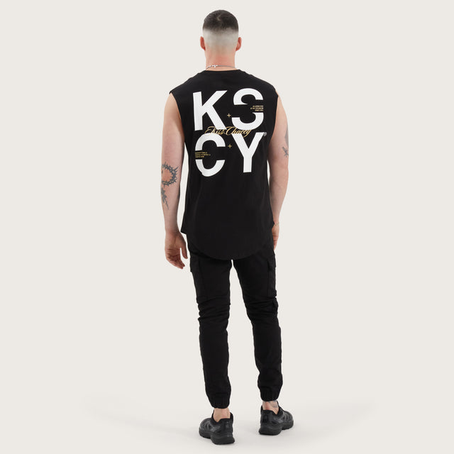 Model wears Tyrell Dual Curved Muscle Jet Black Muscle Tees in Black - Image 5