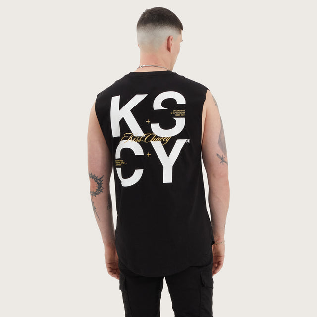 Model wears Tyrell Dual Curved Muscle Jet Black Muscle Tees in Black - Image 1